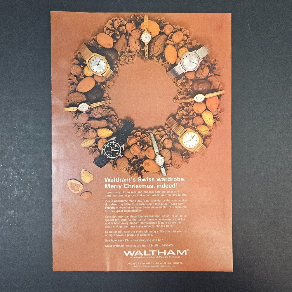 1969 Waltham Swiss Watches‎ Vintage Print Ad Christmas Nuts Wreath Wristwatch